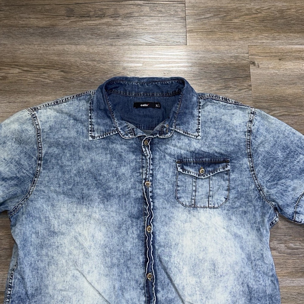 Celio Short-Sleeve Acid-Wash Denim Button-Down Shirt Mens XL Single Chest Pocket - Picture 4 of 11